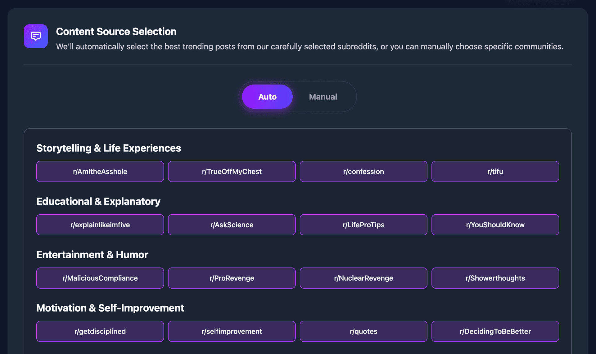 Select Subreddits Interface