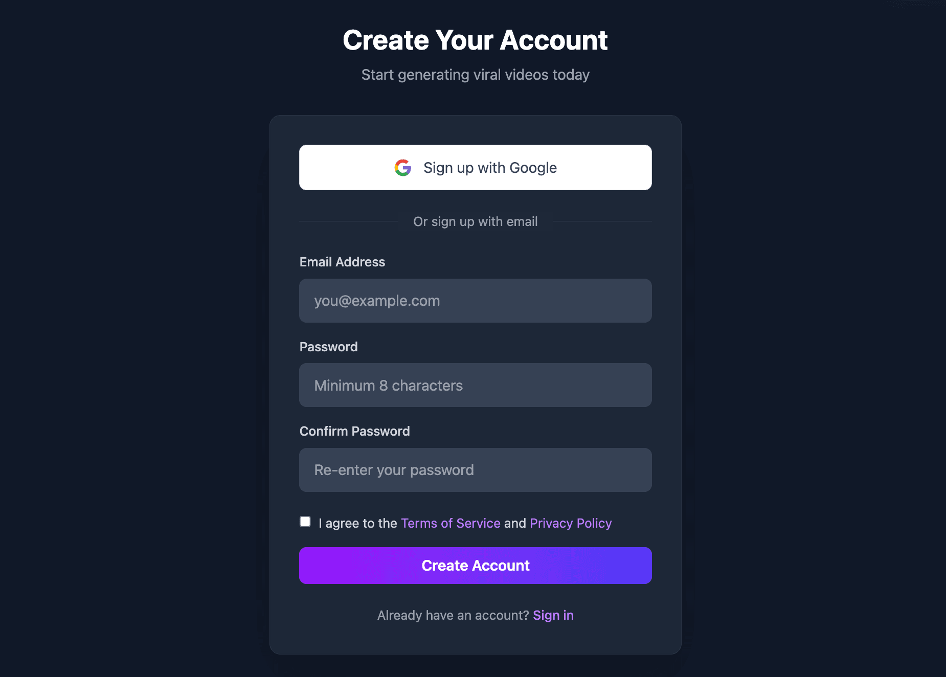 Create Account Interface